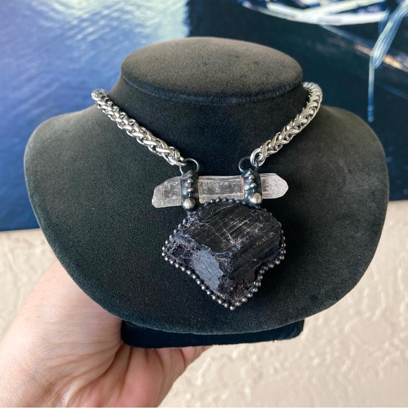 Natural black tourmaline & crystal quartz charm boho goth necklace . - Picture 12 of 14